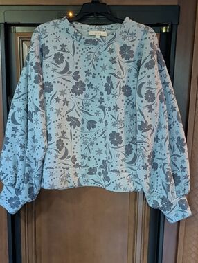 LOFT Blue Floral Print Puff Sleeve Sweatshirt
